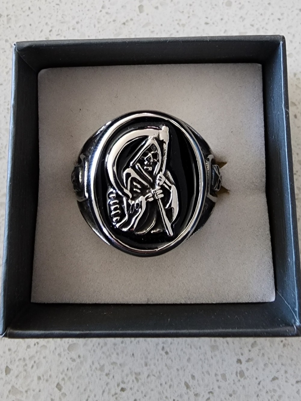 Men's Black Stainless Steel Grim Reaper Signet Ring, Size 13
